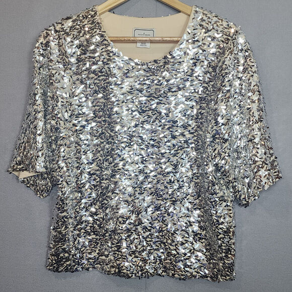 BY MALENE BIRGER Lontras Silver Sequin Short Sleeve Blouse Women's Sz Small - Picture 1 of 7